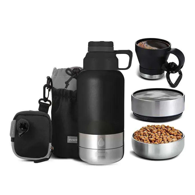 3-in-1 Outdoor Portable 32oz Dog Water Bottle with 2 Bowls Feeder Stainless Steel Insulated Travel-Friendly Carrier Bag